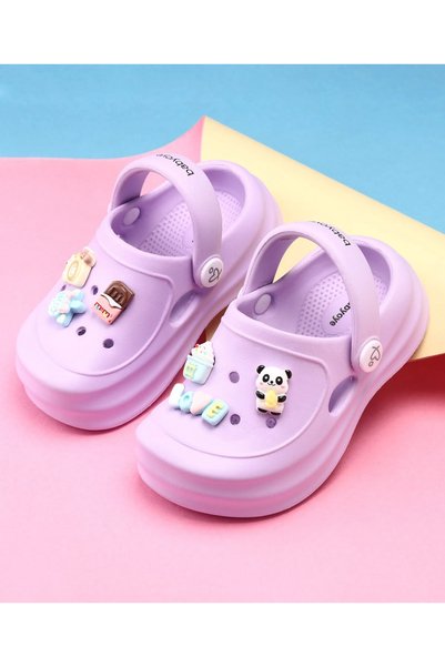 Babyoye Clogs With Candy Ice-Cream & Panda Charms Applique - Lavender