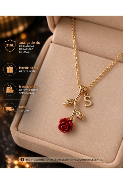 PURE BERRY Kişiye Özel Harfli Kırmızı Gül Kolye – Gold Renk Zarif Gül Tasarım...