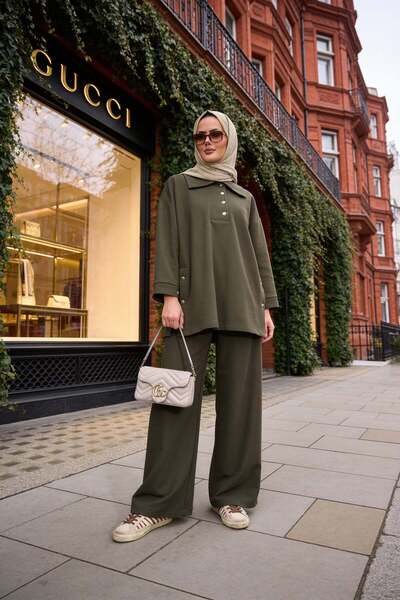 Aselim Hijap Moda Alina Polo Collar Double Set Khaki Green