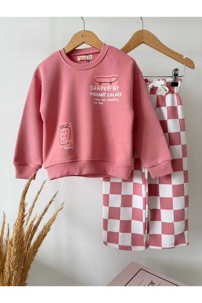 Patriko Girls' 3-Ply Cotton Printed Sweatshirt and Checked Pants Set 2-8 Years