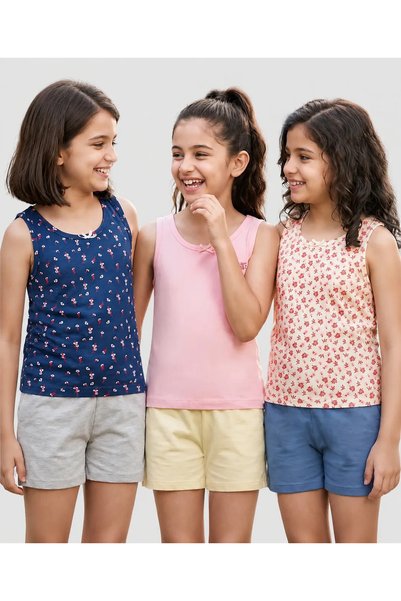 Pine kids Floral Print & Solid Bow Detail Sleeveless Slips (Pack of 3) - Navy...