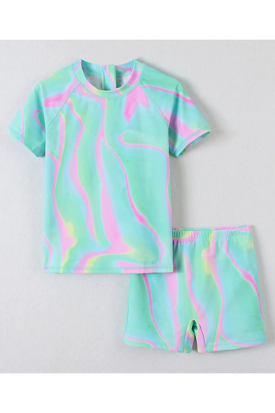 SAPS Abstract Swirl Print Half Sleeve Rash Guard & Swim Shorts Set - Mint & Pink