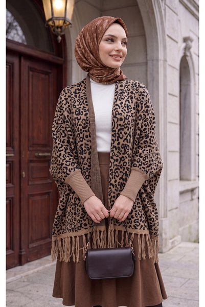 Kervan Pazar KADIN TRİKO LEOPARLI KOLLU ŞAL PANÇO
