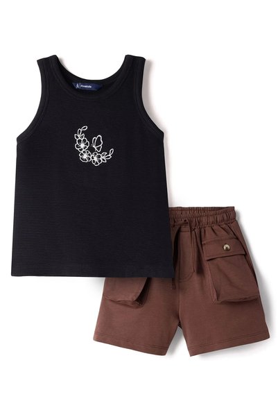 Pine kids Cotton Knit Sleeveless Tank Top & Shorts Set with Flora Embroidery ...