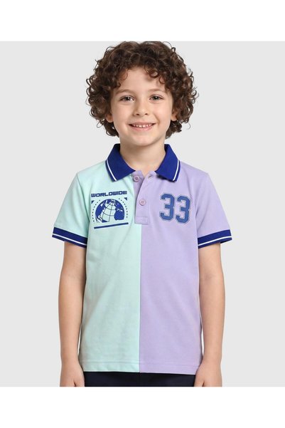 Pine kids تي شيرت قطني محبوك بياقة بولو وأكمام نصفية مع طباعة جرافيك - أزرق/ب...