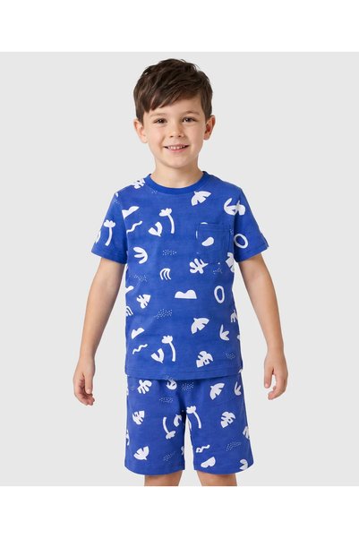 Pine kids طقم بيجامة قطنية قصيرة الأكمام بطباعة شاطئية - أزرق
