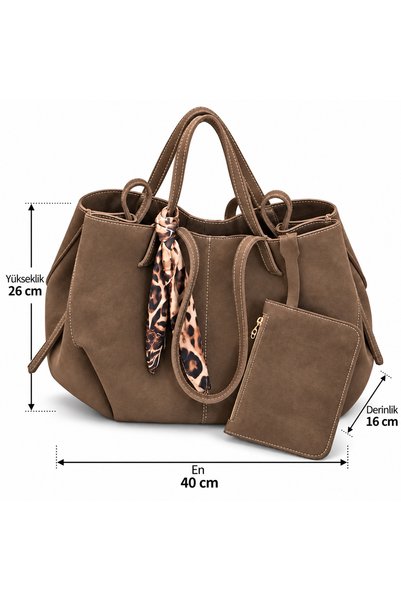 PaminBags Aksesuar Fularlı Dikiş Detaylı Süet Büyük Tote Çanta PMN00341