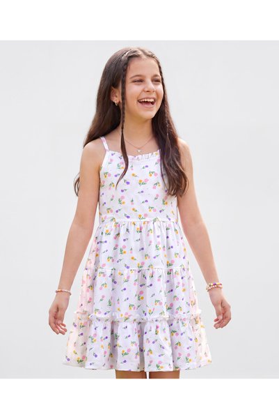 Pine kids فستان قطني محبوك بدون أكمام مزين بالزهور ومتعدد الطبقات - أبيض متوف...