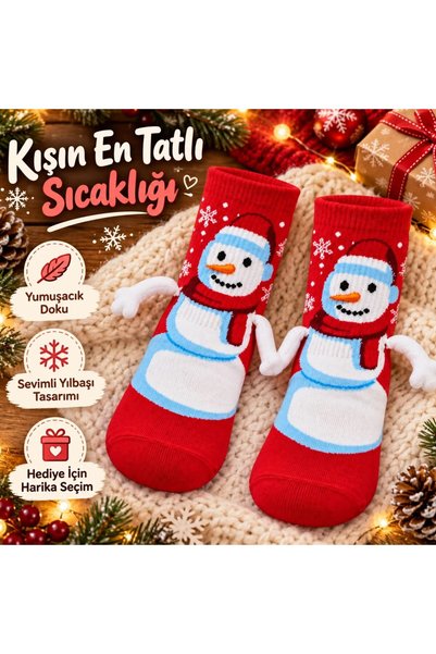 METKAR Women's Red Snowman Patterned Christmas Stockings |   Cute and Stylish Winter Sock Model with 3D Sleeves
