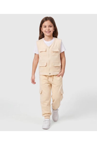 Ollington St. Cotton Knit Sleeveless Jacket With Inner Tee & Joggers Set - Beige