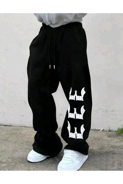 Ryam Mooda Unisex Black Printed 3 Thread Threaded Oversize Sweatpants