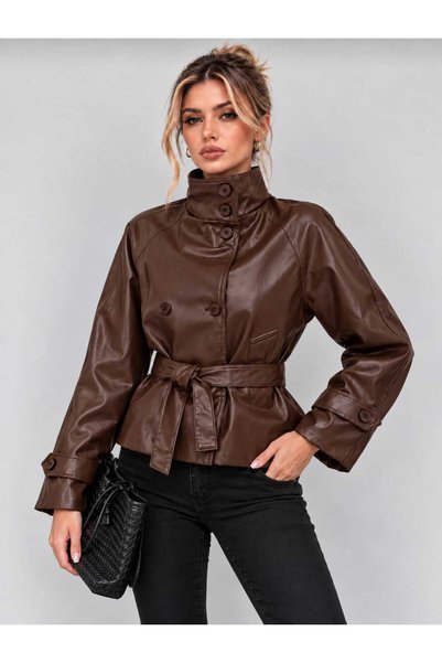 MissPuL Women's Leather Trench Coat with Stand Collar and Lined Pockets - Coa...