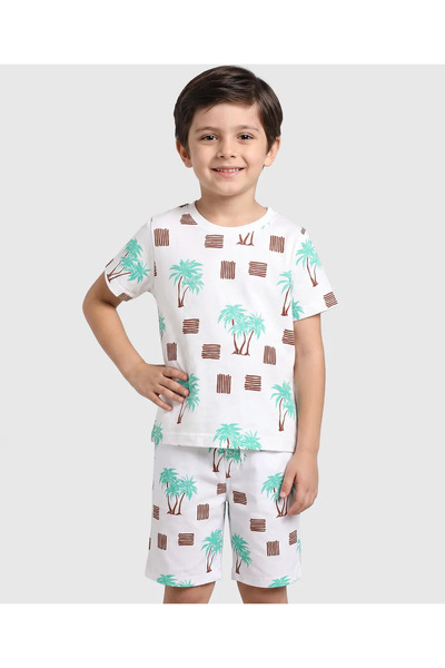 Pine kids طقم بيجامة قطنية قصيرة الأكمام بطباعة شاطئية - أبيض