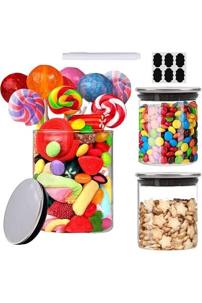 Home Zone 3pcs Glass Storage Jars with Bamboo Lids 500ML, High Borosilicate G...