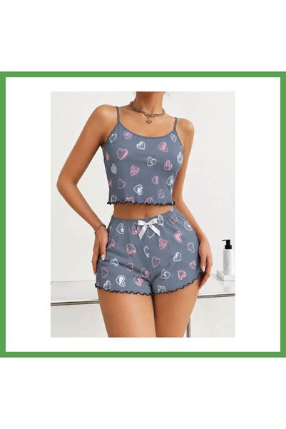 Generic Brand Women's gray heart patterned lace strap pajama set with shorts ...