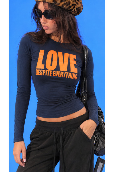 manicsellout Love Despite Everything Printed Navy Blue Women's Long Sleeve Cr...