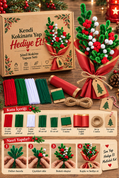 TUĞSET Şönil Kokina Çiçek Yapım Seti – Kendin Yap Yılbaşı Süsü Buketi DIY Hob...