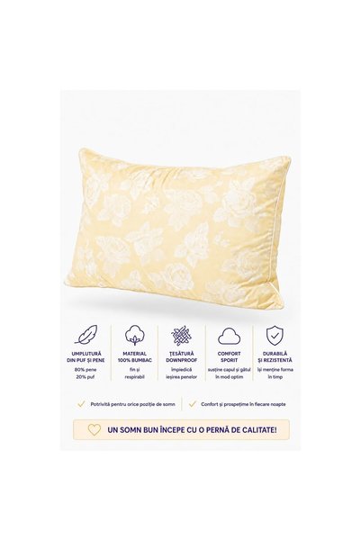 OEM Perna UPerne 50×70 cm, 80% pene si 20% puf, 100% bumbac, Galben Floral