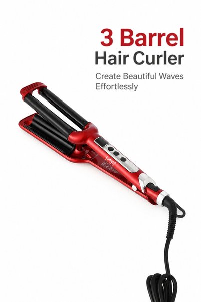 LAC 3 Barrel Hair Waver Curling Iron, Red Ceramic Triple Barrel Hair Crimper,...