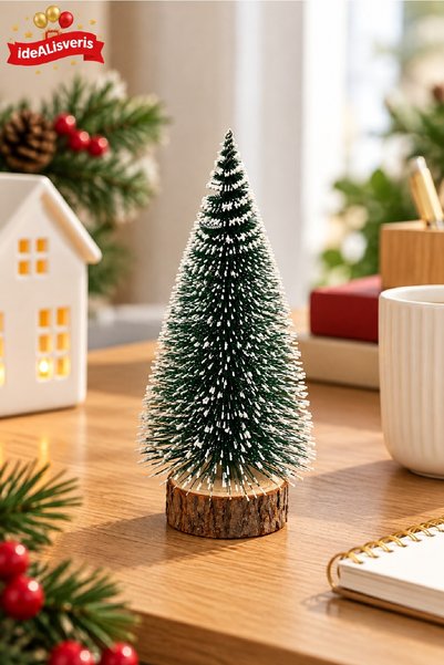 Bkmc Mini Yılbaşı Çam Ağacı 15 cm Ahşap Tabanlı Karlı Görünümlü Masa Süsü Mini Yılbaşı Çam Ağacı