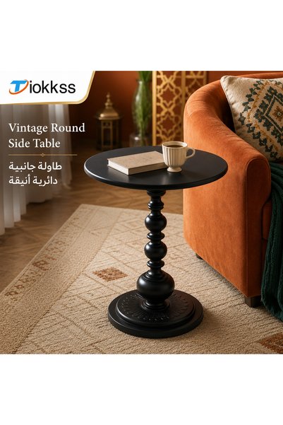 Tiokkss طاولة جانبية دائرية سوداء عتيقة الطراز، طاولة قهوة بقاعدة مطفية، طاول...