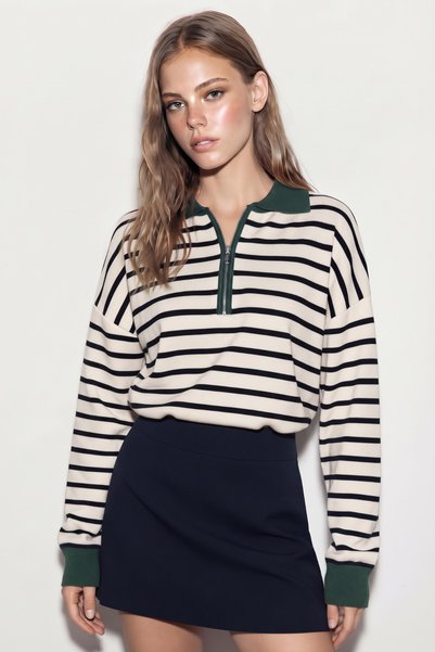 soft&basic Striped Polo Neck Knitwear Women's Sweater with Zipper