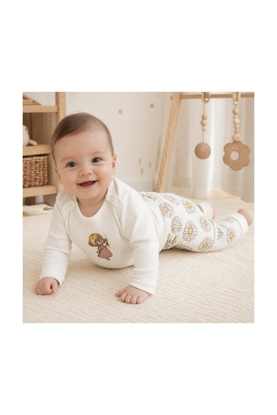 Nayinom Ekru Papatya Desenli Kız Bebek 2’li Body ve Pantolon Takımı