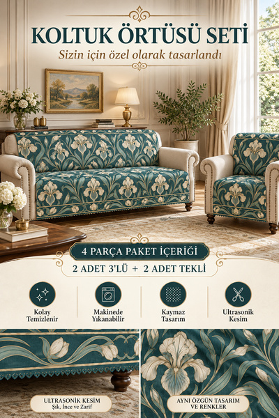 GECE MODA Çok Amaçlı Koltuk Örtüsü,Çekyat Örtüsü seti Kaymaz süngerli 3,3,1,1