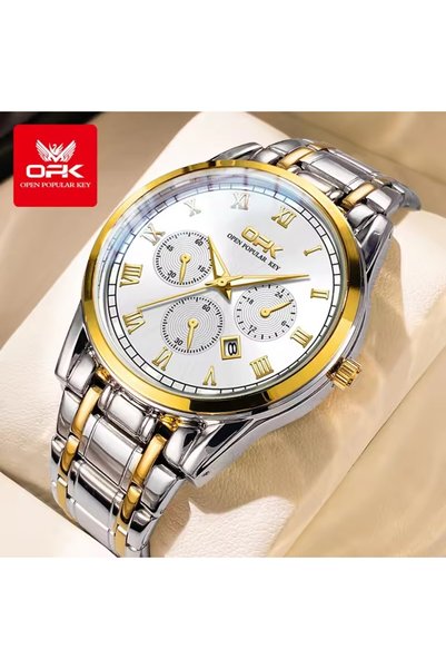 Bluejw OPK 8119 Dual Calendar Men's Quartz Watch Waterproof Luminous Stainles...