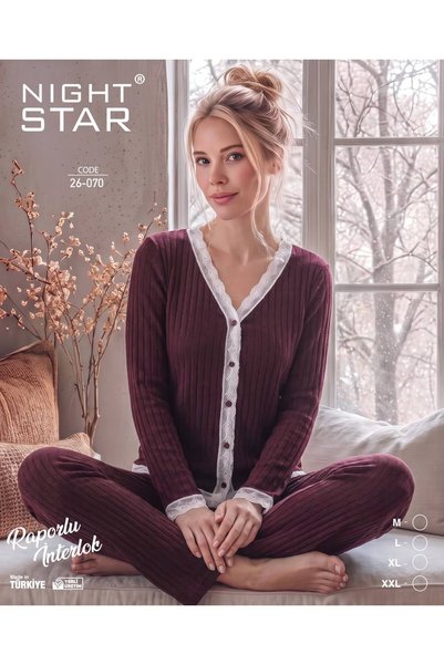 Night Star Set de pijamale Roma din bumbac tricotat, cu dantelă, culoare prună