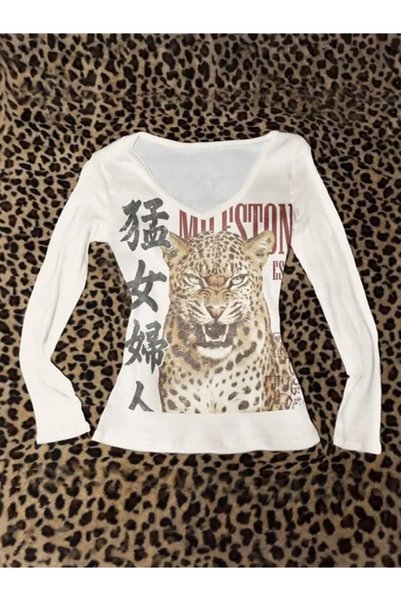 claine Beyaz Japenese Vintage Leopar Y2K Uzun Kollu Crop