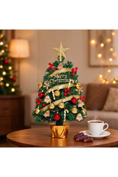 BESTONE Holiday 60cm Tabletop Tree Pre-Decorated with Ornaments Red Gold
