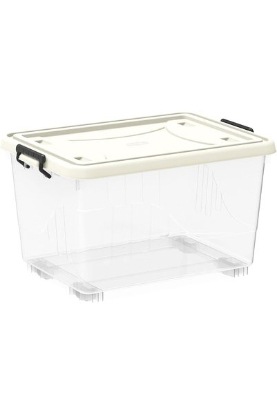 Cosmoplast 55L Clear Plastic Storage Box With Wheels & Lockable Lid, Off Whit...