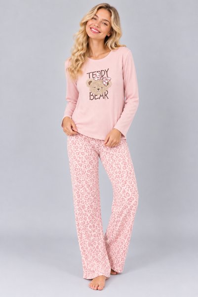 Pijamask Kadın Waffle Kumaş Baskılı Desenli Bisiklet Yaka Uzun Kollu Rahat Kesim Pijama Takımı