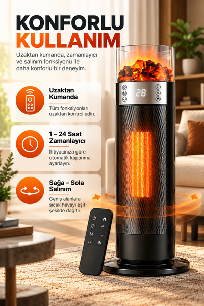 Merwish Elektrikli Kule Tipi Isıtıcı Uzaktan Kumandalı Dijital Ekranlı 1000W/2000W Fanlı Isıtıcı Ayarlanabilir Termostatlı Salınımlı Zamanlayıcılı