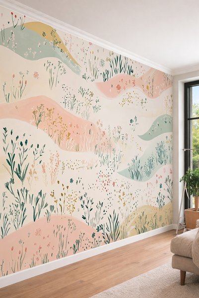 dreamwall Pastel Dalgalı Tepeler, Kır Çiçekleri ve Ot Motifli Lüks Tek Parça ...