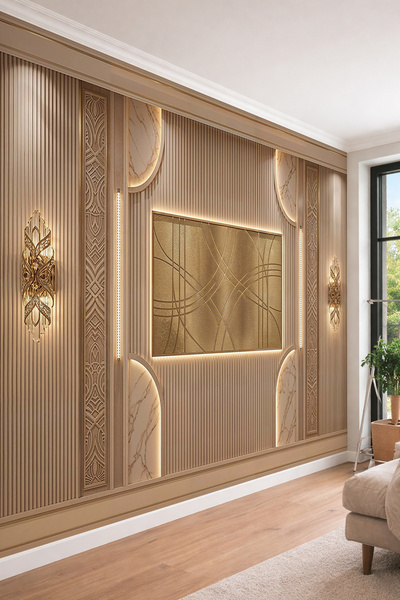 dreamwall Ahşap Çıtalı Panel Görünümlü , Altın Geometrik Pano ve Aydınlatmalı...
