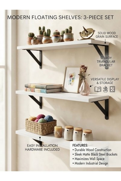 Sukoon 3-Tier Floating Wall Shelves Set, White Wood Grain Storage Shelves wit...