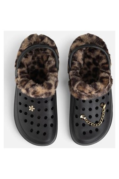 OEM Papuci Saboti Negri cu Blana Artificiala Animal Print & Pins Aurii pentru...