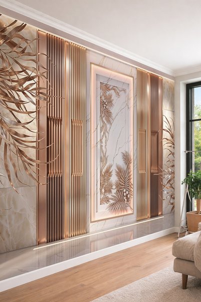 dreamwall Mermer Panel Görünümlü, Dikey Metalik Çıta ve Aydınlatmalı Yaprak K...