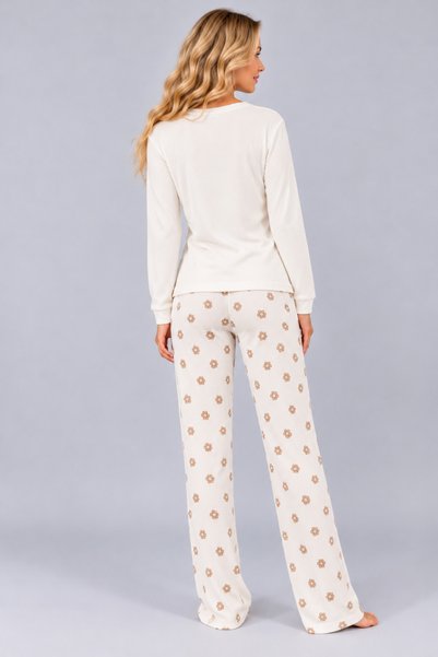 Pijamask Kadın Waffle Kumaş Baskılı Desenli Bisiklet Yaka Uzun Kollu Rahat Kesim Pijama Takımı