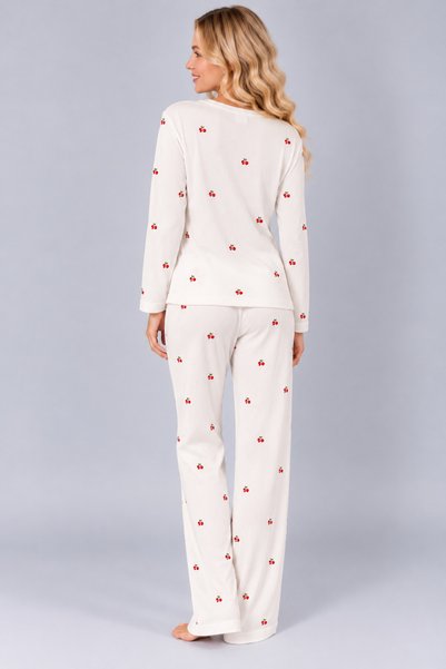 Pijamask Kadın Waffle Kumaş Baskılı Desenli Bisiklet Yaka Uzun Kollu Rahat Kesim Pijama Takımı