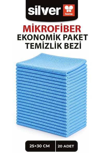 SİLVER HOME 20’li Mikrofiber Temizlik Bezi 25x30 cm Mavi Ekonomik Paket Süper...