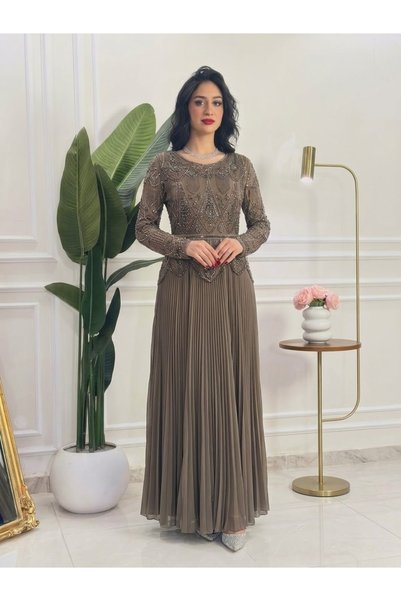 Oliver Luxury Pleated Embroidered Evening Dress Royal Brown