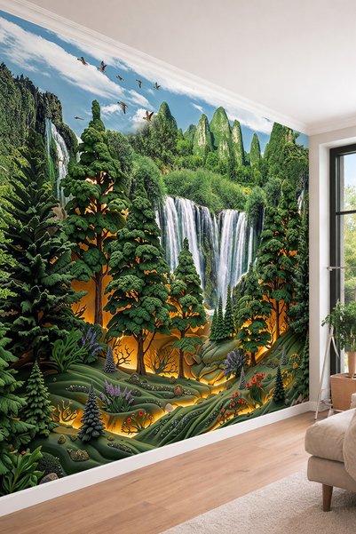 dreamwall Şelaleler, Orman ve Dağ Manzaralı Tek Parça Tekstil Duvar Kağıdı