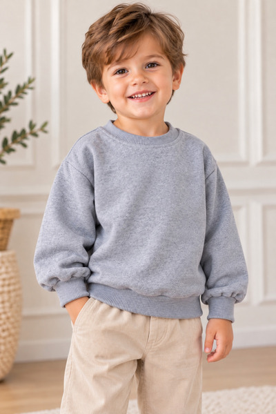 BAHNUR Unisex Children's Casual Model Two-Thread Raster Gray Sweatshirt