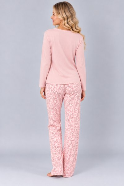 Pijamask Kadın Waffle Kumaş Baskılı Desenli Bisiklet Yaka Uzun Kollu Rahat Kesim Pijama Takımı