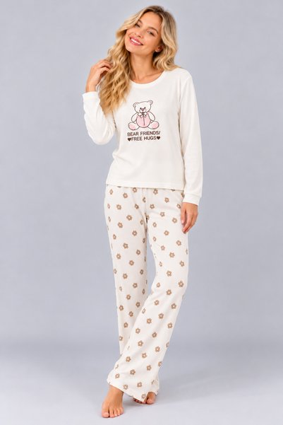 Pijamask Kadın Waffle Kumaş Baskılı Desenli Bisiklet Yaka Uzun Kollu Rahat Kesim Pijama Takımı