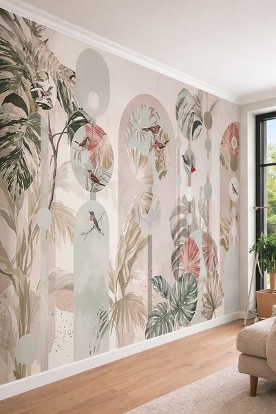 dreamwall Geometrik Kemer ve Daire Formları, Tropikal Yapraklar ve Kuş Motifl...