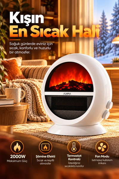 Merwish Elektrikli Soba Şömine Görünümlü Fanlı Isıtıcı, 1000W/2000W 2 Kademeli Isıtma, Ayarlanabilir Termostat, Devrilme Emniyetli,